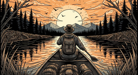 Person paddling canoe on a serene lake at sunset. © dada