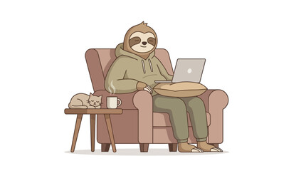 Fototapeta premium Cozy Work From Home Sloth Character with Laptop Coffee and Minimalist Flat Style