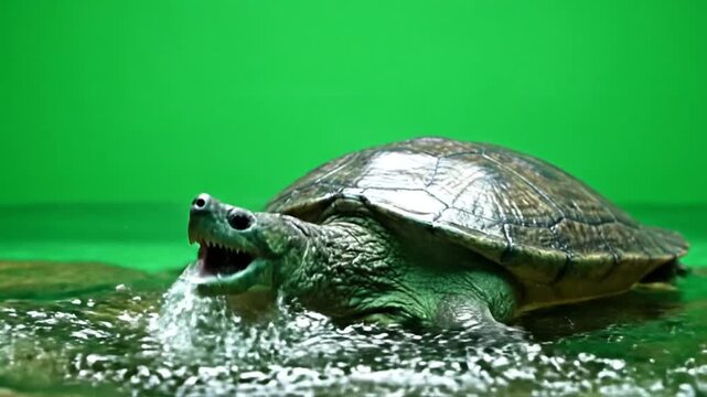 A close-up shot of a large turtle with its mouth open, splashing in water against a vibrant green background.