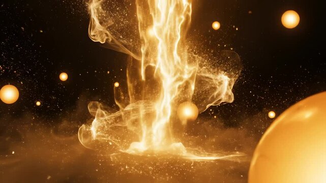 Golden energy vortex with floating orbs ideal for high-end commercial backdrops and visual effects