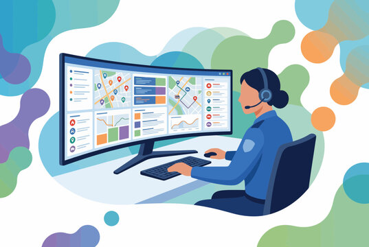 Emergency Dispatcher Working with Ultra Wide Curved Monitor