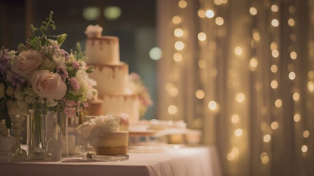 guests. Elegant wedding buffet table featuring a tiered cake and floral arrangements, softly lit with warm ambiance. symbolizing life milestones and joyful moments.