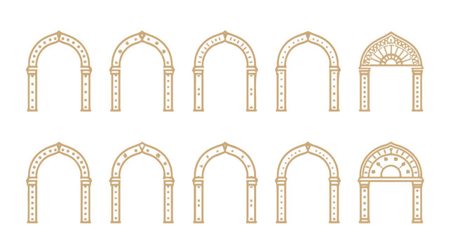 Vector illustration of a set of golden crosses and gates in a gold and white frame design featuring a yellow measuring tape tool and centimeter ruler symbols