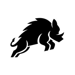 Fototapeta premium Dynamic Wild Boar Silhouette Logo Design - Black Boar Jumping with Tusks on White Background