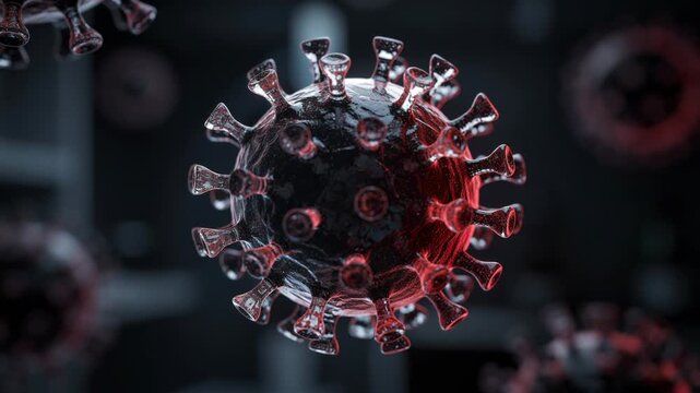 Close up 3D rendering of a coronavirus particle with detailed spikes under dramatic lighting