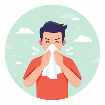 Man sneezing into a tissue, illustration of illness or allergies