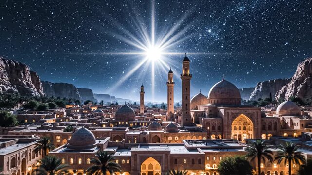 Nighttime cityscape with domes and minarets emphasizing sustainability and breathtaking natural wonder