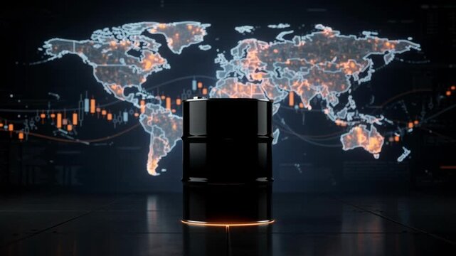 Black oil barrel with glowing global map and financial charts representing energy market and crude oil trading