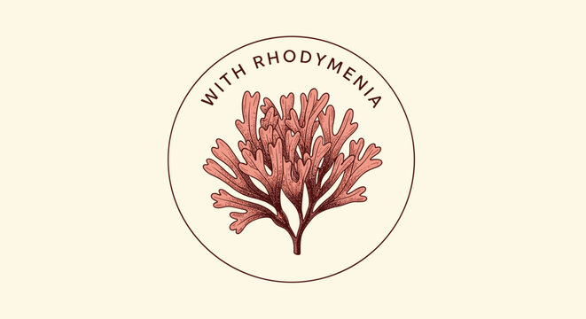Circular emblem featuring a hand drawn red seaweed illustration with text with rhodymenia for natural products and cosmetics.