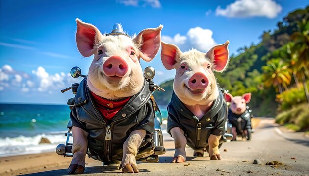 Pigs on motorcycles at the beach.