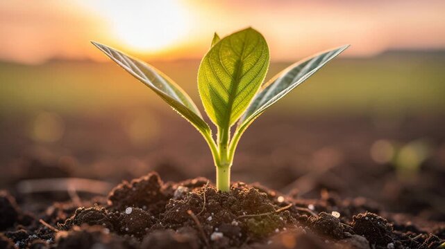 Young green plant sprouting from soil during golden sunrise in natural outdoor environment