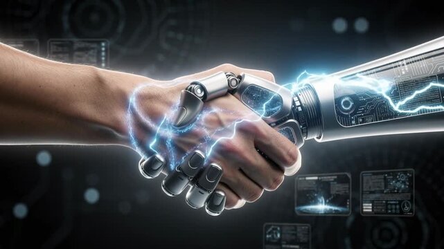 Human and robotic hand shaking with electric energy connection in futuristic technology concept