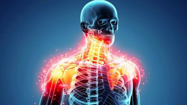 Human anatomy illustration showing skeletal system with highlighted neck and shoulder pain areas in red