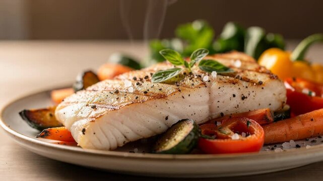 Delicious grilled white fish fillet with fresh vegetables and herbs on a plate, healthy gourmet meal