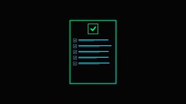 Cyberpunk hud checklist appearing on dark screen with glowing teal neon lines for futuristic software interface demonstrations