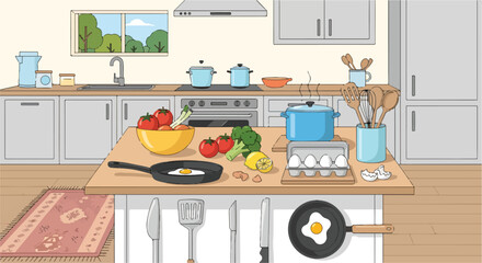 A kitchen with food and utensils on the island and counters © Yanti