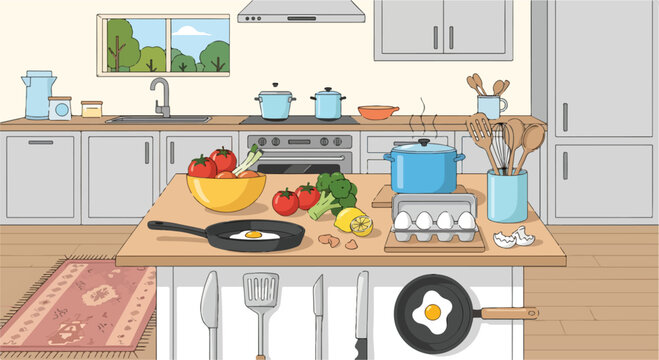 A kitchen with food and utensils on the island and counters