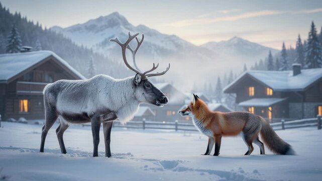 Wild reindeer and fox meeting in snowy winter village with cozy cabins and mountain background