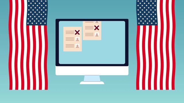 Computer screen shows election ballots with x marks, flanked by American flags waving, dynamic motion graphic.
