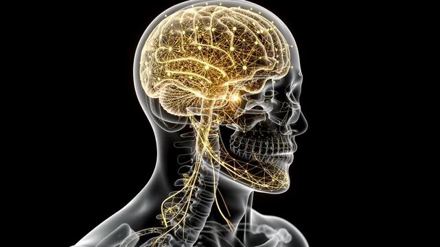 Glowing human brain and nervous system digital visualization with neural network connections in transparent head