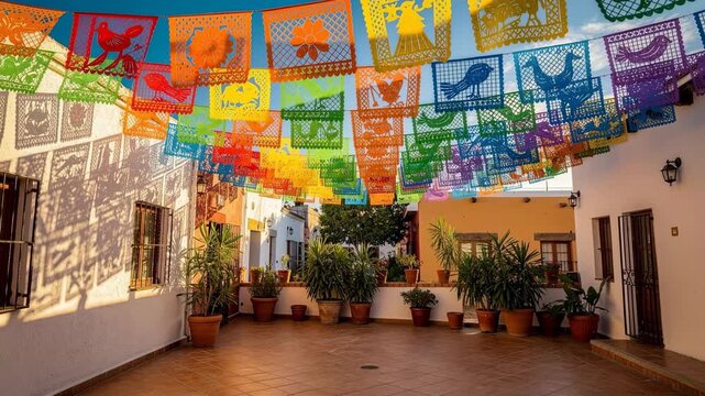 Colorful Mexican papel picado decorations hanging in sunny courtyard with potted plants and traditional architecture