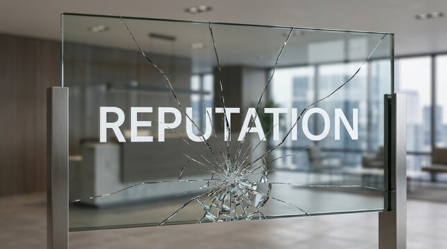 Glass panel shattered with the word "REPUTATION" etched inside. Cracks spread across transparent surface, symbolizing damage. Modern office background suggests professional setting