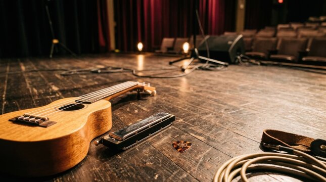 Close-up of a wooden soprano ukulele, a silver harmonica, and a pick on a weathered wooden stage floor with blurred theater seats, red velvet curtains, and audio cables in the background.