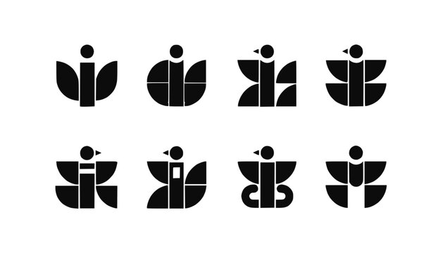 Abstract Geometric Bird Icons Set, Minimalist Black Vector Illustrations
