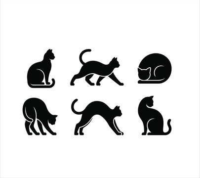 A group of six playful black cat silhouettes demonstrating various common feline behaviors and postures
