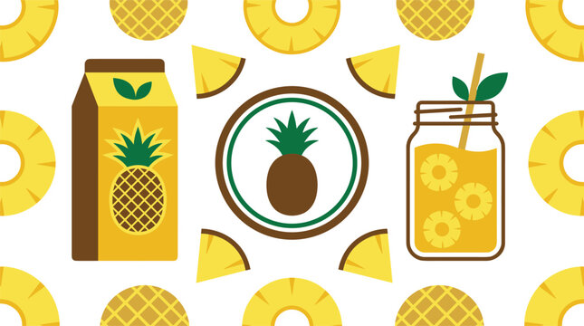Fresh Pineapple Juice Product Vector Illustration Featuring Beverage Carton, Circular Brand Logo, Mason Jar with Straw, and Sliced Pineapple Pattern for Tropical Drink Packaging