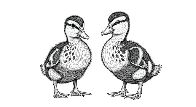Adorable hand-drawn black and white illustration of two fluffy ducklings standing side by side with detailed feather textures and features.