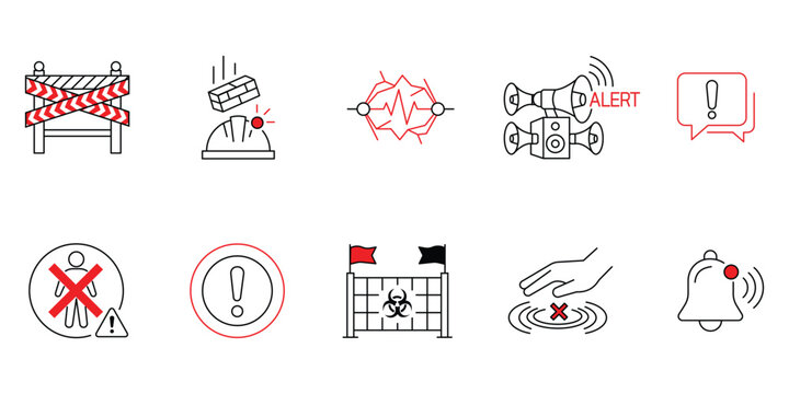 Construction site safety icons, falling objects, biohazard fence, alert sirens, and prohibited access symbols.Editable stroke, Vector illustration, Line art Icon, Symbols.