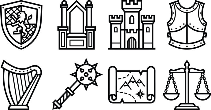 Medieval Kingdom and Royal Court Icon Set Featuring Throne, Castle, Scales, Map, Harp, and Heraldic Shield for Strategy Game UI, Branding, and Creative Vector Projects