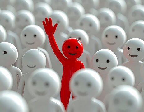 Red figure standing out in crowd.