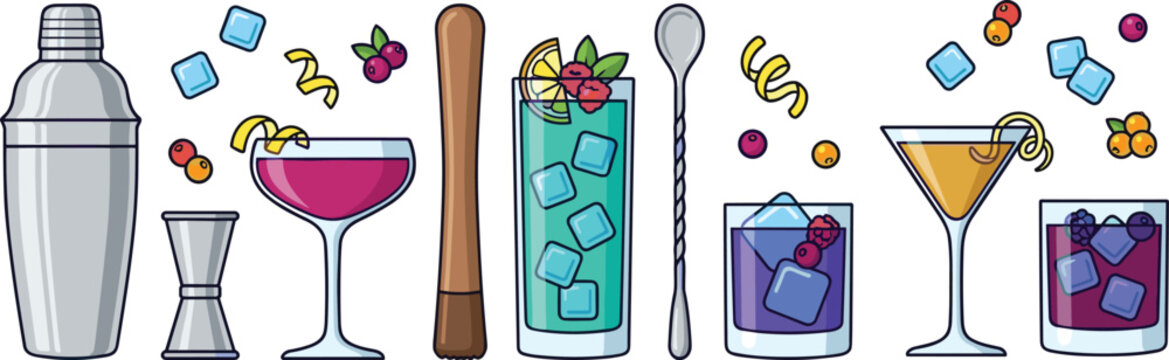 Professional Cocktail Barware and Drink Vector Set Featuring Shaker, Jigger, Muddler, Mixing Spoon, Colorful Garnished Drinks, Ice Cubes, and Berries for Nightlife Graphic Designs
