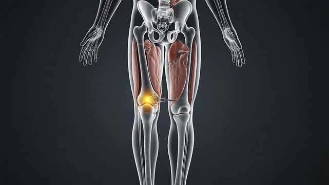 Detailed Anatomical Illustration of Human Body Highlighting Skeletal and Muscular Structures with Focus on Knee Joint for Medical and Educational Use