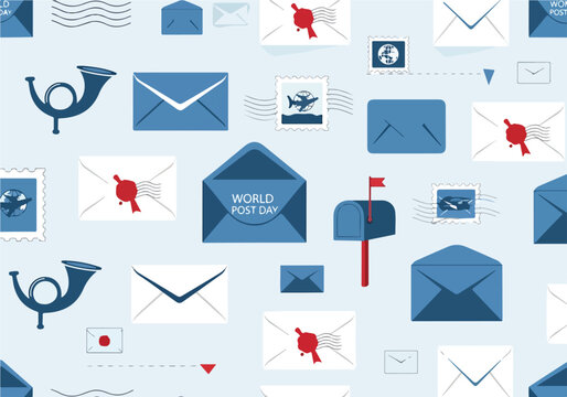 A light blue background with various envelopes and mail symbols