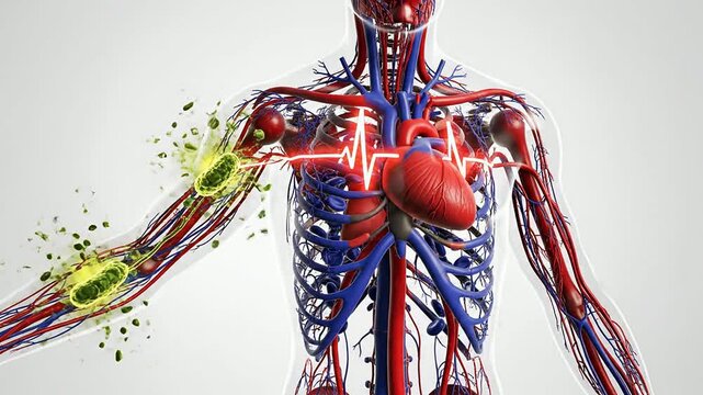 Detailed Anatomical Illustration of Human Circulatory System Highlighting Heart and Virus Interaction Set Against a Plain Background