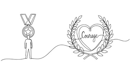 Fototapeta premium Single Line Drawing of Person with Medal and Heart Wreath Symbolizing Courage and Achievement