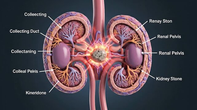 Detailed Anatomical Illustration of Human Kidneys Showcasing Blood Flow, Renal Structure, and Internal Pathways for Educational and Medical Purposes