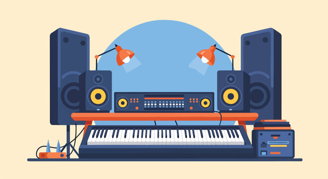 A home recording studio setup with a keyboard and speakers