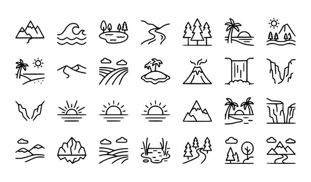 Landscape line icon set with mountain sea forest river and nature geography vector collection