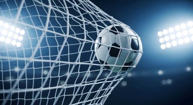 Soccer football goal ball in net with stadium lights sports photography