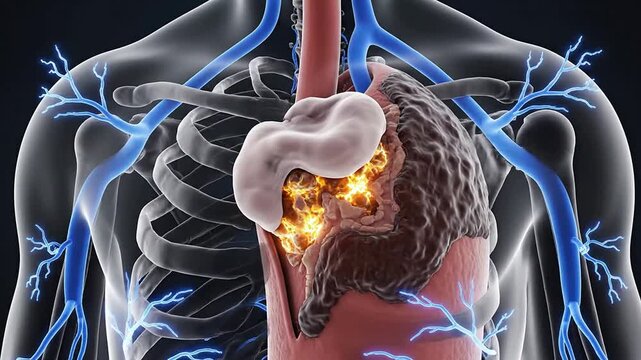 Detailed Anatomical Illustration of Human Lungs Highlighting Inflammation and Vascular Structures in the Thoracic Cavity for Medical and Educational Purposes