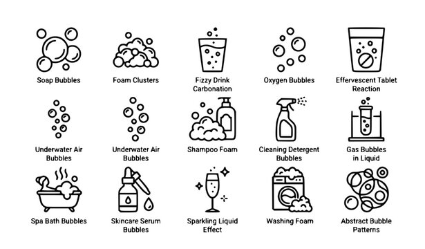 Bubbles line icon set with foam fizzy oxygen and soap effect vector collection