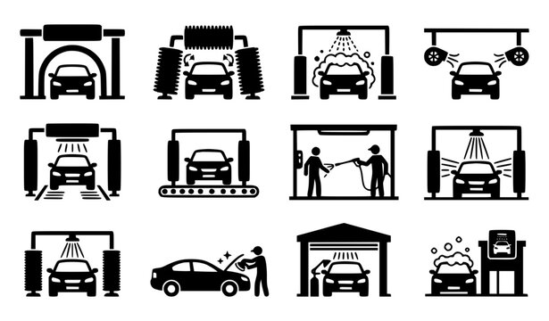 Automatic drive thru car wash silhouette icon set with automotive cleaning service vector collection