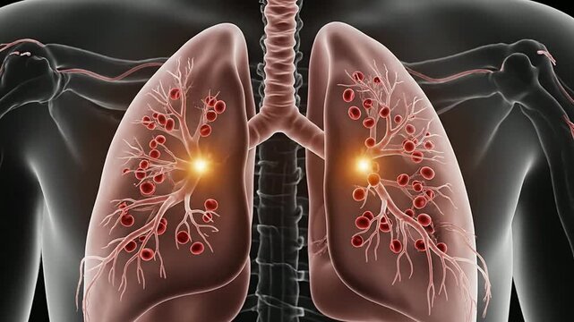 Detailed Anatomical Illustration of Human Lungs with Glowing Circulation Cells Set Against a Dark Background for Educational Medical Use
