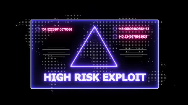 glowing Neon line high risk exploit and security breach warning alert message Virus code software hack Hacking attack in Progress, Virus, on a black background 4k animation video
