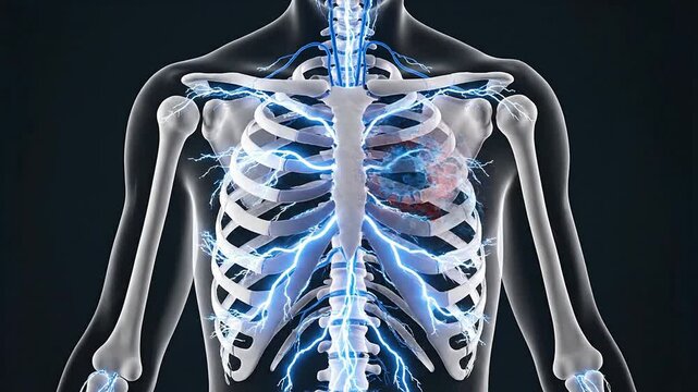 Detailed Anatomical Illustration of Human Skeleton with Highlighted Chest Area Depicting Disease Within a Dark Background