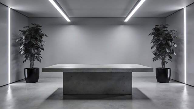 Minimalist Concrete Table in Modern Interior with Potted Plants